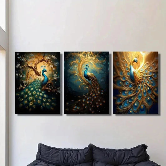 3pcs , Golden Peacock with Vibrant Blue & Golden Metal Print Ready to Hang Art