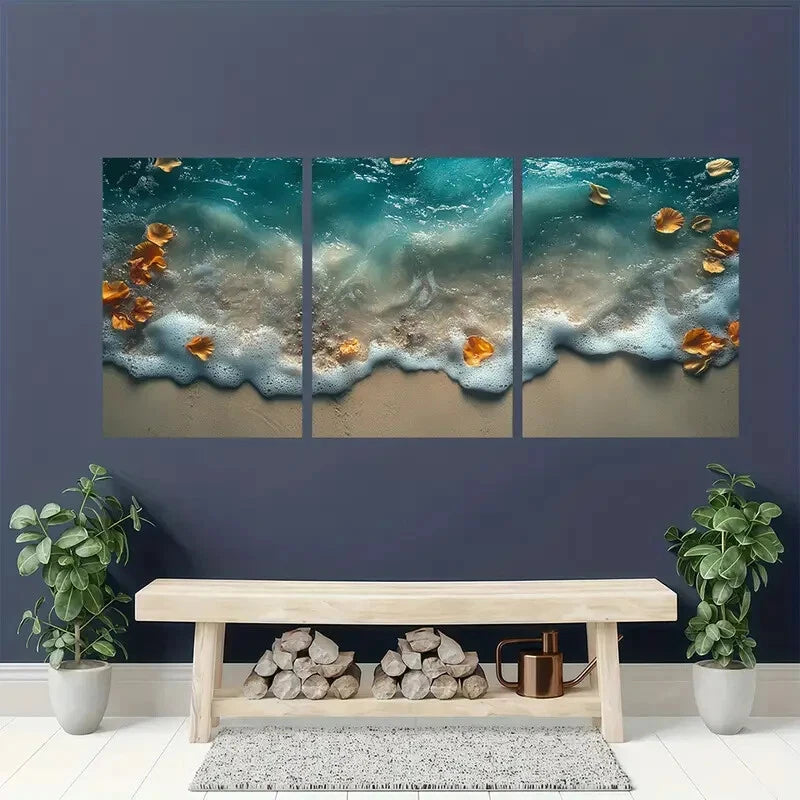 3pcs Beach Waves Ocean Sand Design Metal Print Ready to Hang Art - Bella Home Decor