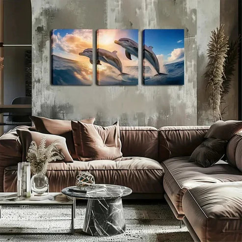 3pcs Two Dream Dolphins Wall Art Set Wall Art Canvas Unframed - High Quality Print 100% Australian Made Wall Canvas