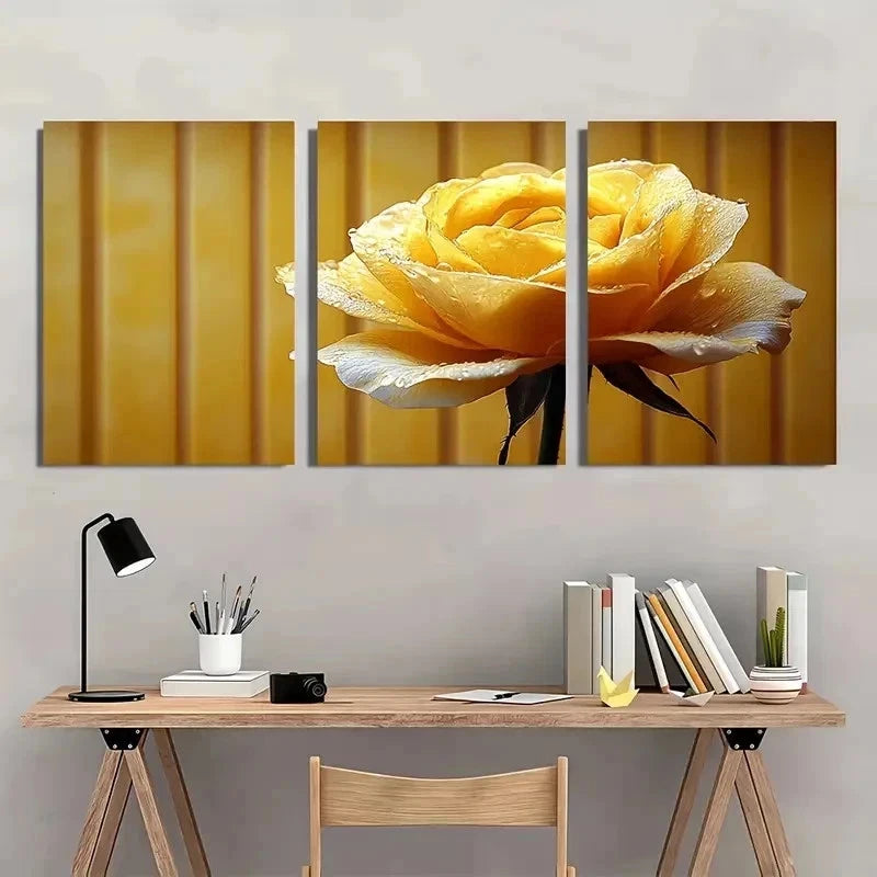 3pcs Yellow Rose Flower Droplet Perfect Wall Art Set Canvas Framed 60x90cm - High Quality Print 100% Australian Made Wall Canvas Ready to Hang