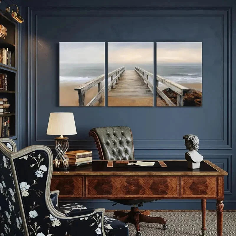 3pcs Wooden Dock Ocean Waves Coastal Landscape Metal Print Ready to Hang Art - Bella Home Decor