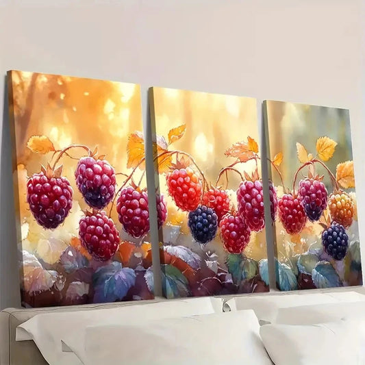 3pcs Blackberry Painting Berries YU Wall Art Set Canvas Framed 50x70cm - High Quality Print 100% Australian Made Wall Canvas Ready to Hang