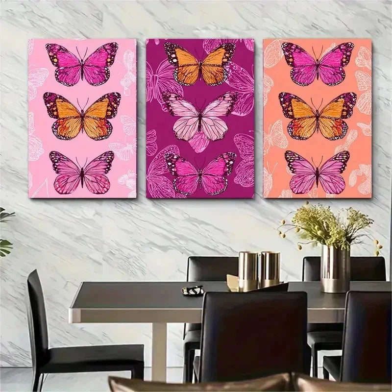 3pcs Pink Orange Butterfly Nature Perfect Wall Art Set Canvas Framed 50x70cm - High Quality Print 100% Australian Made Wall Canvas Ready to Hang