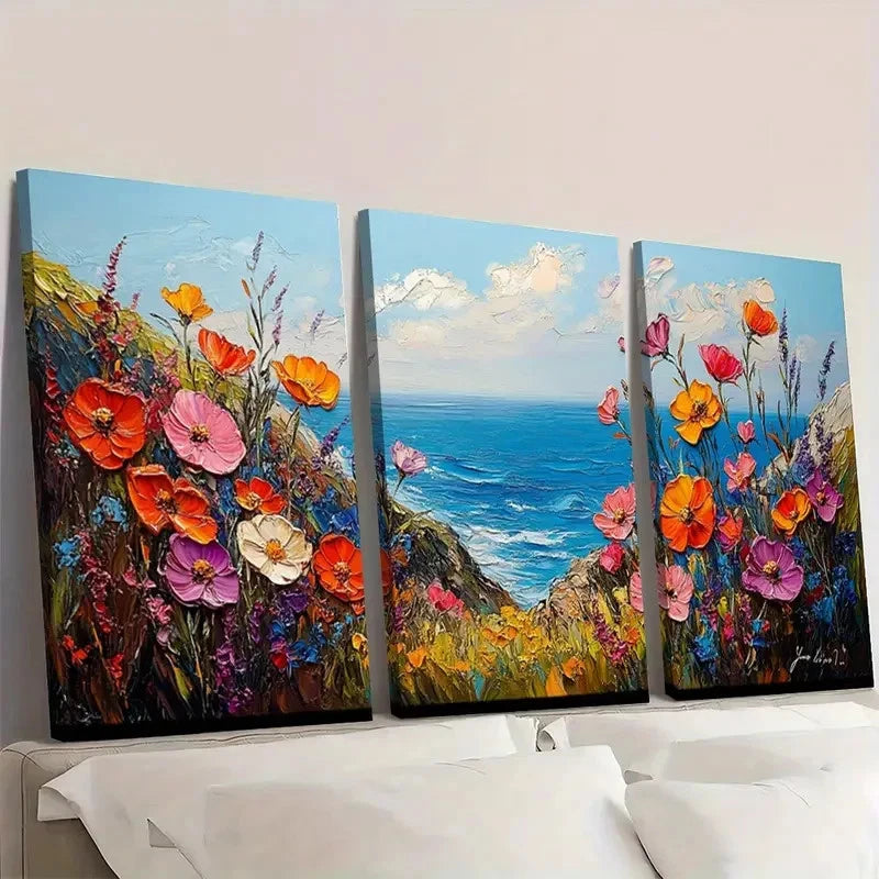3pcs  Colorful Wildflowers Field Textured  CW \      Wall Art Set Canvas Framed 50x70cm - High Quality Print 100% Australian Made Wall Canvas Ready to Hang - Bella Home Decor