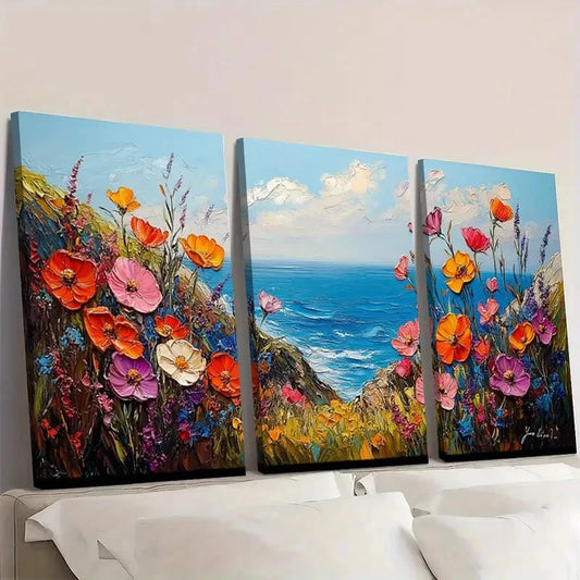 3pcs Colorful Wildflowers Field Textured CW \ Wall Art Set Canvas Framed 50x70cm - High Quality Print 100% Australian Made Wall Canvas Ready to Hang
