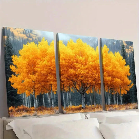 3pcs Realistic Falling Leaves in Mustard Yell Wall Art Set Canvas Framed 60x90cm - High Quality Print 100% Australian Made Wall Canvas Ready to Hang