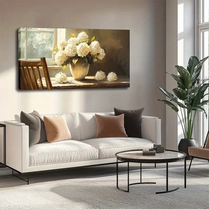 Vintage White Hydrangea Flower Wall Art canvas office home room framed 120x60cm - Bella Home Decor