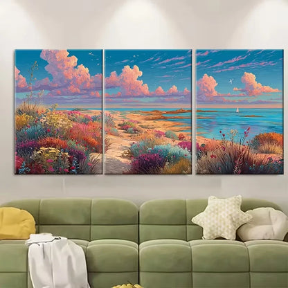 3pcs Vibrant Floral & Ocean View Landscapes Metal Print Ready to Hang Art