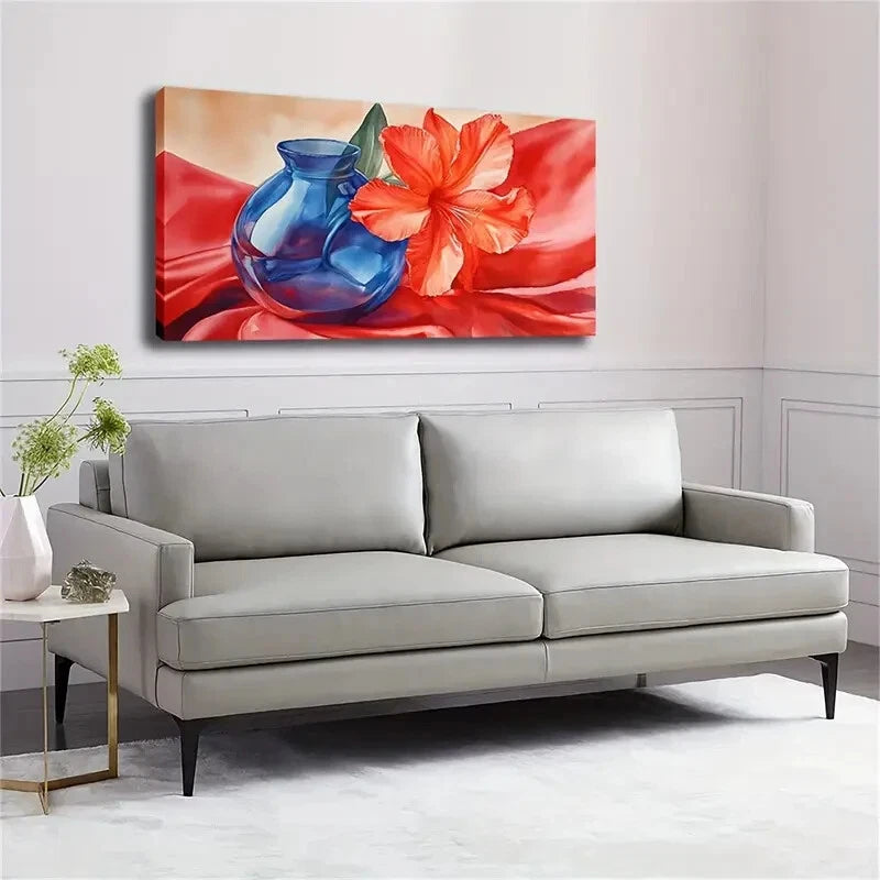 Vibrant Red Hibiscus Silk Wall Art Canvas Office Home Room Framed 120x60cm. - Bella Home Decor