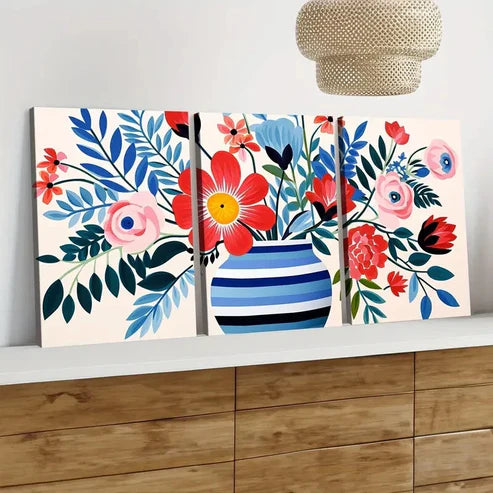 3pcs Matisse Style Vase Wild Flowers Red & Blue Wall Art Set Canvas Unframed - High Quality Print 100% Australian Made Wall Canvas
