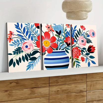 3pcs Matisse Style Vase Wild Flowers Red & Blue Wall Art Set Canvas Unframed - High Quality Print 100% Australian Made Wall Canvas