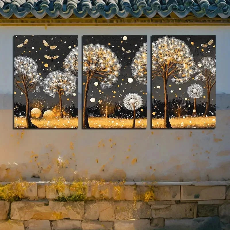 3pcs Modern Abstract Dandelion Floral Illustration Metal Print Ready to Hang Art - Bella Home Decor