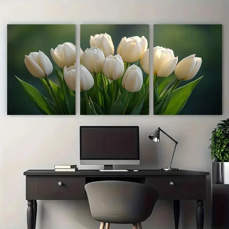 3pcs Classic White Tulip Bouquet Minimalist Floral Metal Print Ready to Hang Art - Bella Home Decor