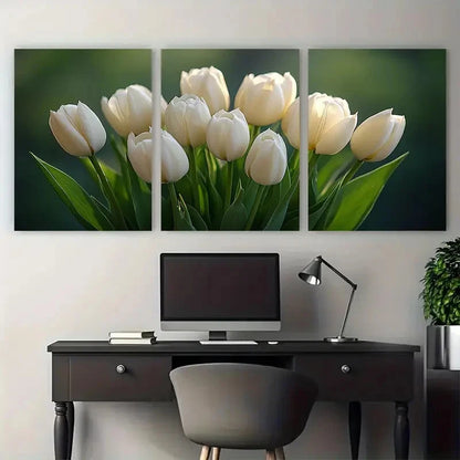 3pcs Classic White Tulip Bouquet Minimalist Floral Metal Print Ready to Hang Art - Bella Home Decor