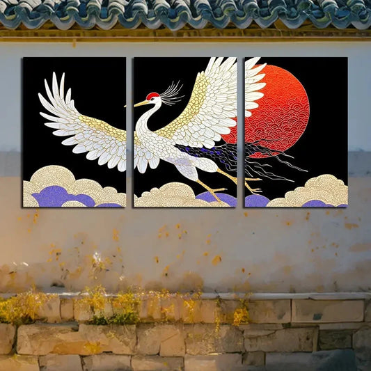 3pcs Vibrant Crane among the flowers Design Metal Print Ready to Hang Art