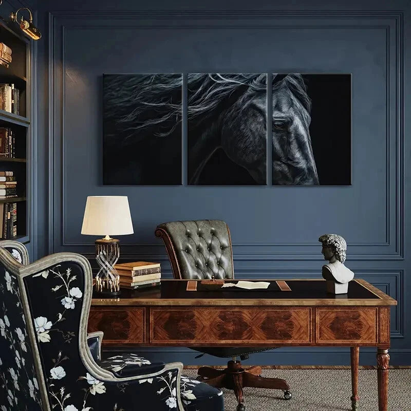 3pcs Black Horse Art Detailed Mane Expressive Eyes Metal Print Ready to Hang Art - Bella Home Decor