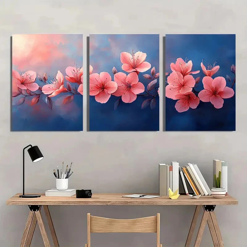3pcs Delicate Pink Flowers and Green Leaves Metal Print Ready to Hang Art - Bella Home Decor