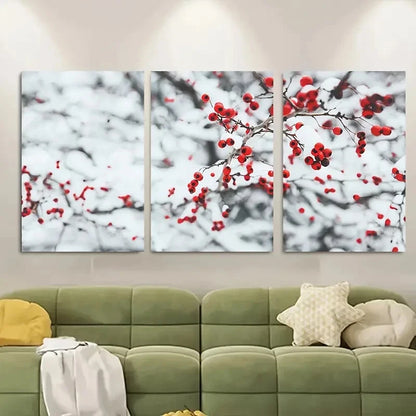 3pcs Snowy Branches Red Berries Metal Print Ready to Hang Art