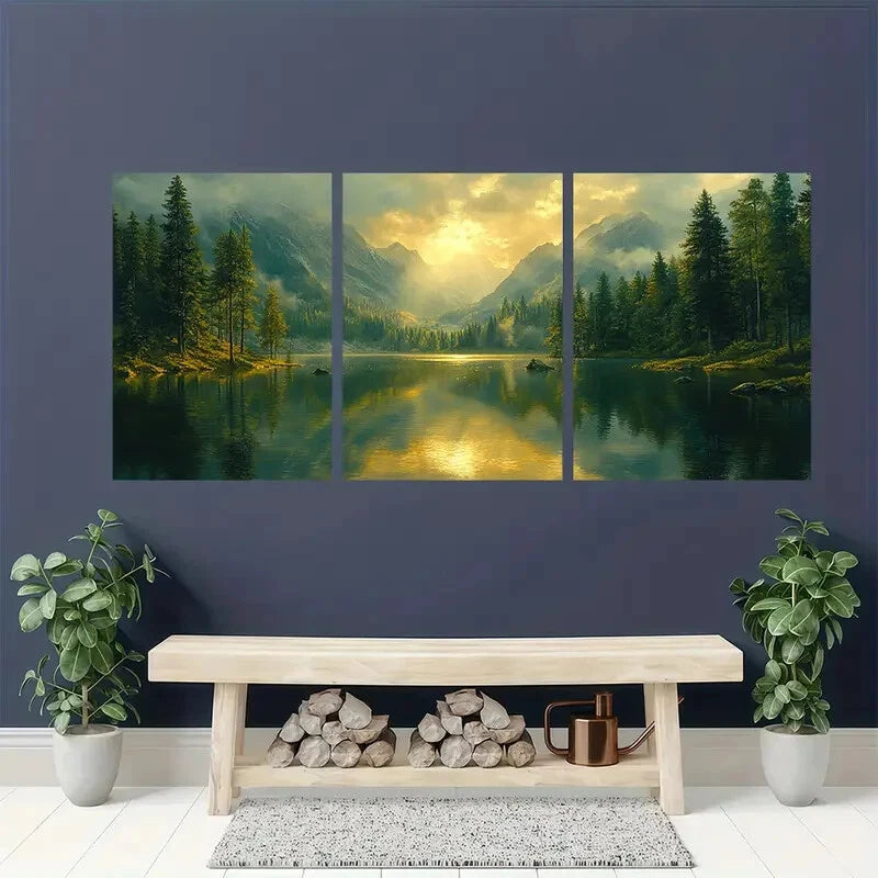 3pcs Abstract Green Forest Lake Nature Art Metal Print Ready to Hang Art - Bella Home Decor