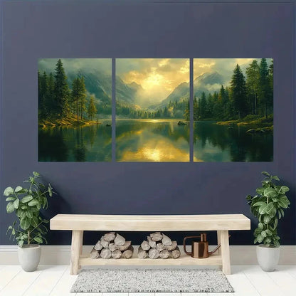 3pcs Abstract Green Forest Lake Nature Art Metal Print Ready to Hang Art - Bella Home Decor