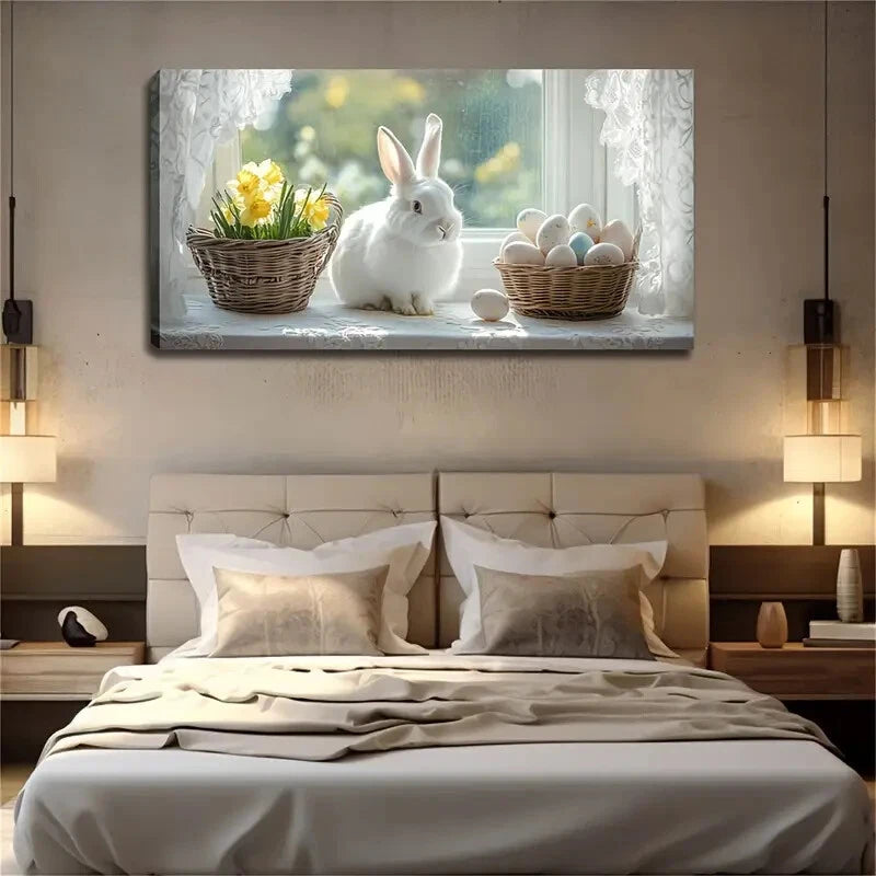 White Rabbit Easter Eggs Flower Wall Art Canvas Office Home Room Framed 120x60cm - Bella Home Decor