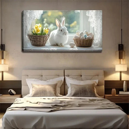 White Rabbit Easter Eggs Flower Wall Art Canvas Office Home Room Framed 120x60cm - Bella Home Decor