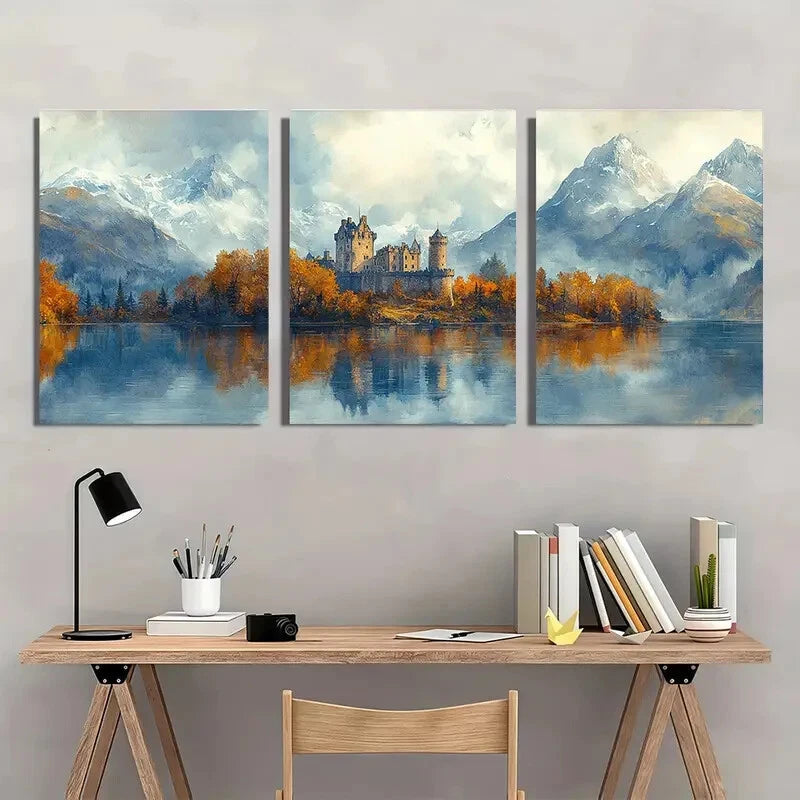 3pcs Watercolor Castle Scottish Landscape Metal Print Ready to Hang Art - Bella Home Decor