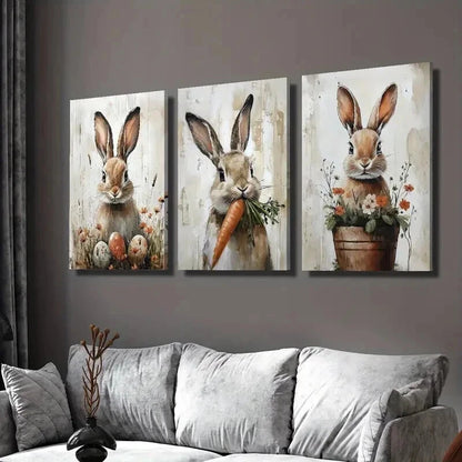 3pcs Rabbits with Eggs & Carrots Wall Art Set Canvas Framed 50x70cm - High Quality Print 100% Australian Made Wall Canvas Ready to Hang