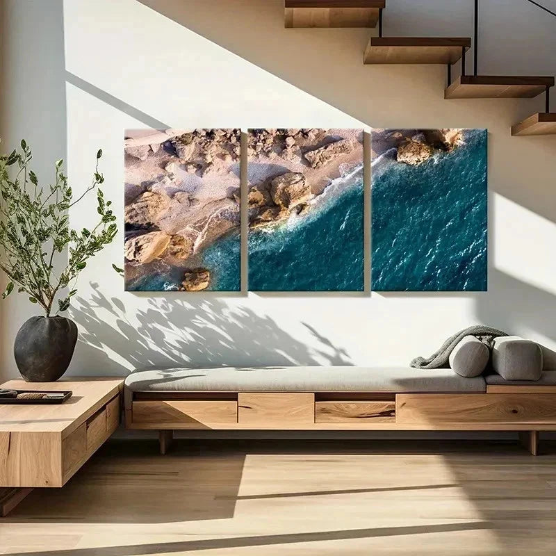 3pcs Sea Waves Coastline Rocks Decor Wall Art Set Canvas Framed 50x70cm - High Quality Print 100% Australian Made Wall Canvas Ready to Hang