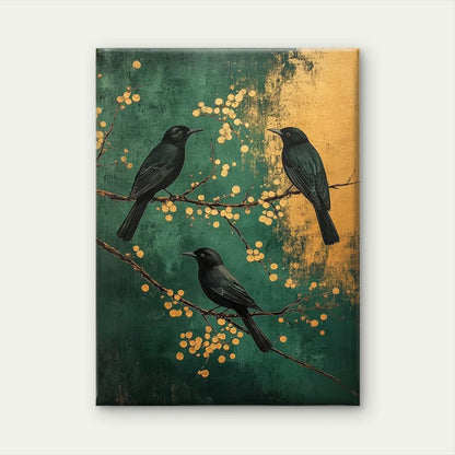 Blackbirds on Branches with Golden Berries Metal Print Ready to Hang