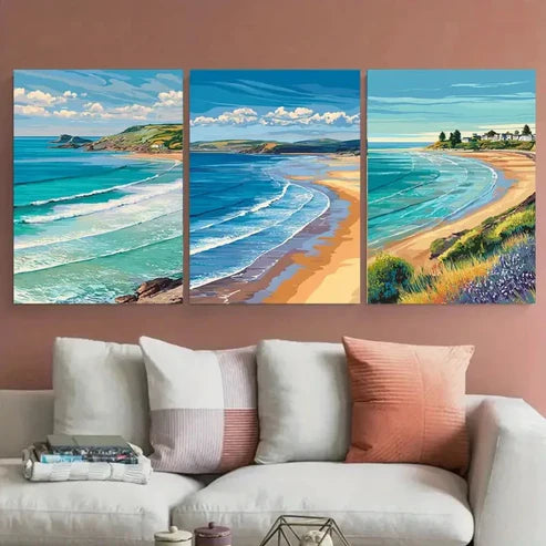 3pcs Woolacombe Travel Beach Illustration  Wall Art Set Canvas Unframed - High Quality Print 100% Australian Made Wall Canvas