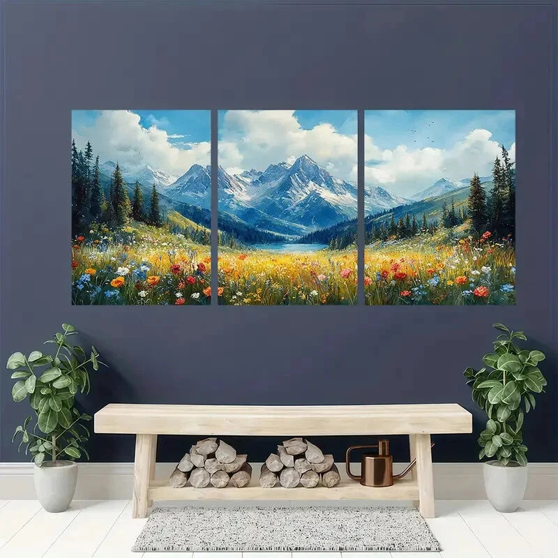 3pcs Mountain Landscape Meadow Painting Metal Print Ready to Hang Art - Bella Home Decor