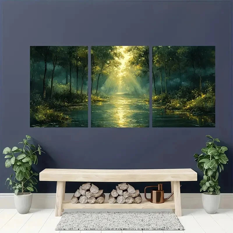3pcs Tranquil Green Forest and Stream Acrylic Metal Print Ready to Hang Art - Bella Home Decor
