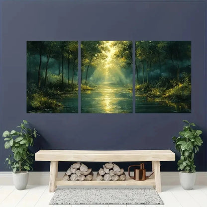 3pcs Tranquil Green Forest and Stream Acrylic Metal Print Ready to Hang Art - Bella Home Decor