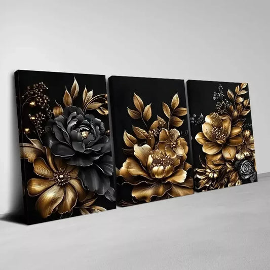 3pcs Beautiful Golden and Black Flower Art Set Canvas Framed 50x70cm - High Quality Print 100% Australian Made Wall Canvas Ready to Hang