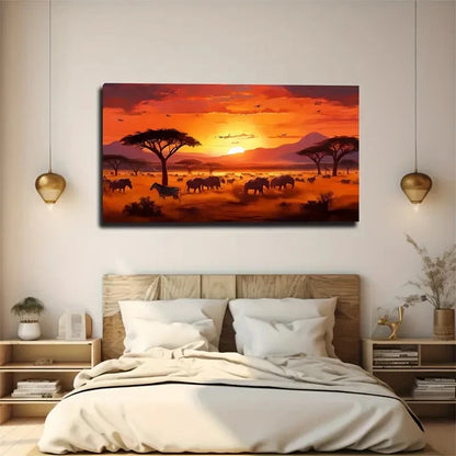 African Sunset Elephant Wall Art Canvas Office Home Room Framed 120x60cm