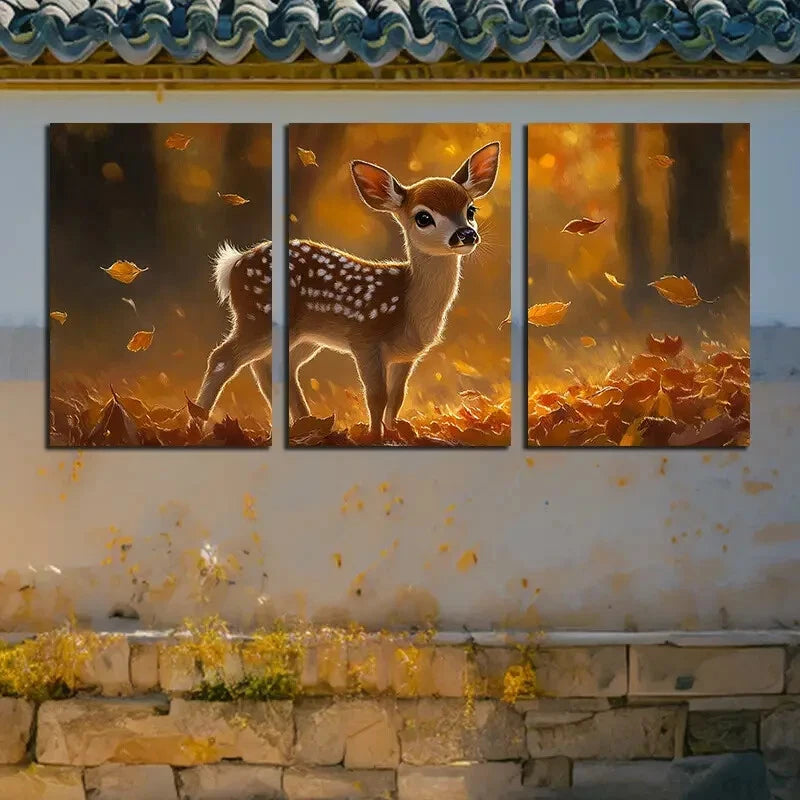 3pcs Beautiful Deer with Dry Leaves Design Metal Print Ready to Hang Art - Bella Home Decor