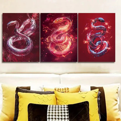 3pcs A Red Crystal Snake Wall Art Canvas Unframed - High Quality Print 100% Australian Made Wall Canvas - Bella Home Decor