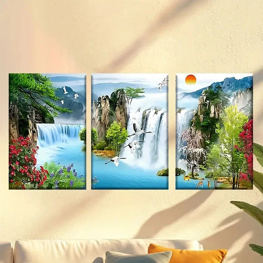 3pcs a waterfall with birds flying over it Wall Art Set Canvas Framed 60x90cm - High Quality Print 100% Australian Made Wall Canvas Ready to Hang