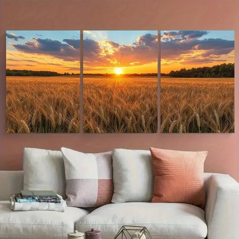 3pcs Serene Rural Wheat Field Sunset Illustration Metal Print Ready to Hang Art
