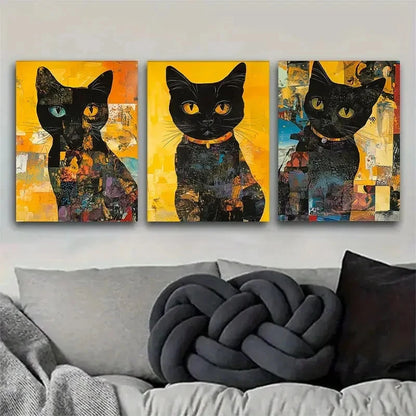3pcs Artistic Abstract Black Cat Portrait Metal Print Ready to Hang Art - Bella Home Decor