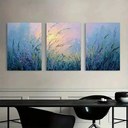 3pcs Tall Grass and Wildflowers in Soft Dappled Metal Print Ready to Hang Art - Bella Home Decor
