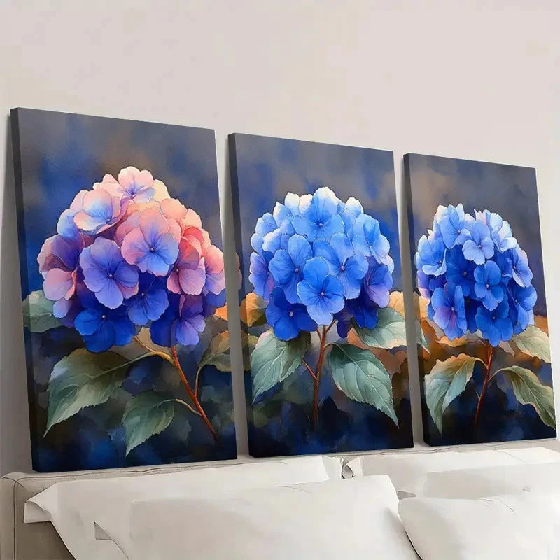 3pcs Hydrangea Painting Backlit Hydrangeas  A    Wall Art Set Canvas Framed 50x70cm - High Quality Print 100% Australian Made Wall Canvas Ready to Hang