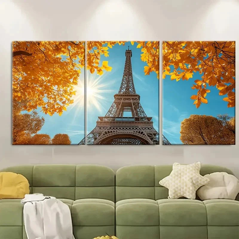 3pcs Autumn Morning with Yellow Leaves Paris Metal Print Ready to Hang Art - Bella Home Decor