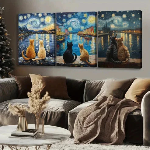 3pcs Cats Gazing at Night Starry Sky Wall Art Set Canvas Unframed - High Quality Print 100% Australian Made Wall Canvas