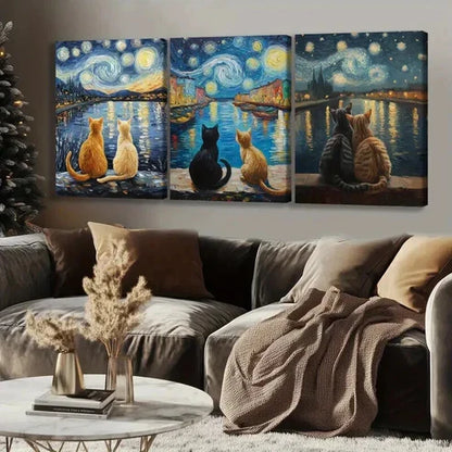 3pcs Cats Gazing at Night Starry Sky Wall Art Set Canvas Unframed - High Quality Print 100% Australian Made Wall Canvas