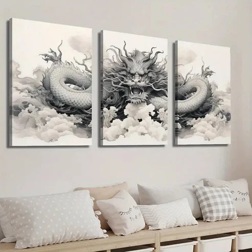 3pcs Japanese Dragon Black & White Wall Art Set Canvas Unframed - High Quality Print 100% Australian Made Wall Canvas