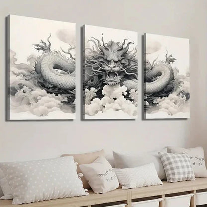 3pcs Japanese Dragon Black & White Wall Art Set Canvas Unframed - High Quality Print 100% Australian Made Wall Canvas