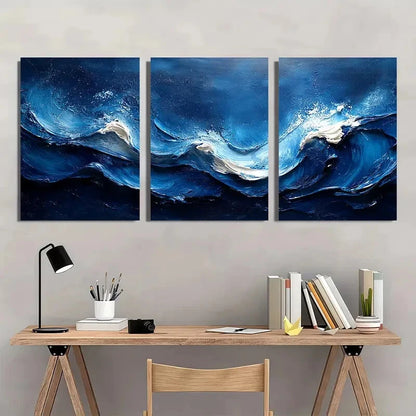 3pcs Dark Blue & White Textured Ocean Waves Design Metal Print Ready to Hang Art - Bella Home Decor
