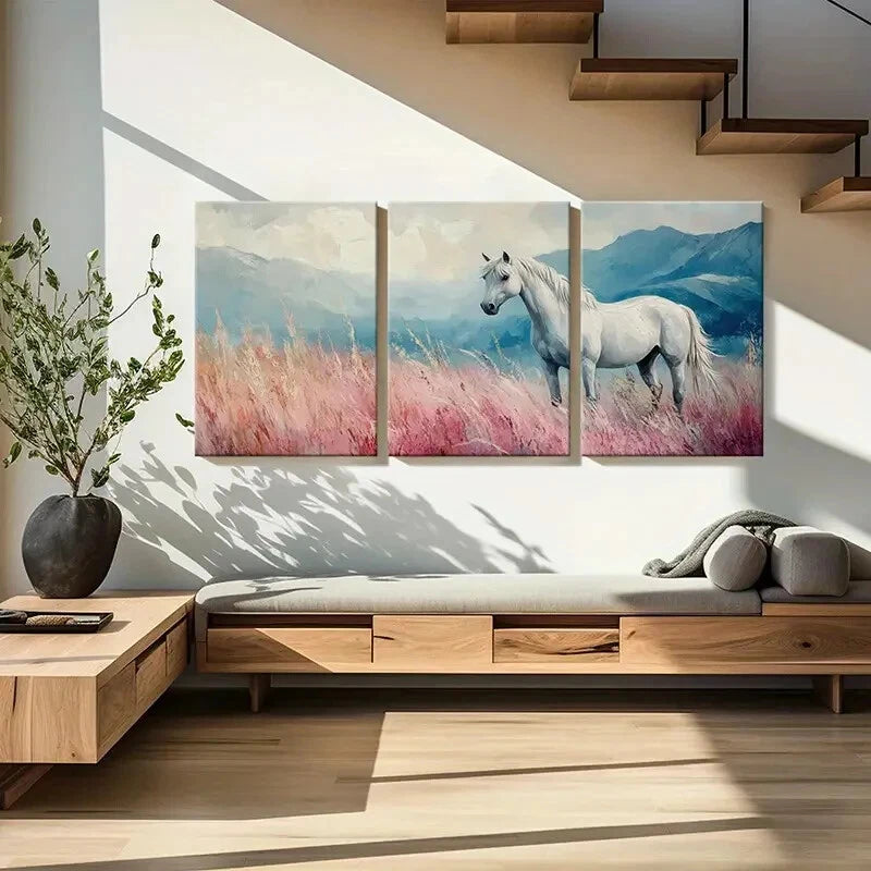 3pcs White Horse In Field Mountain Landscape Metal Print Ready to Hang Art - Bella Home Decor